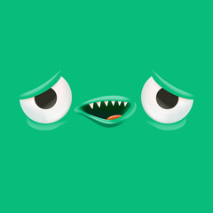 Vector funny green monster face with open mouth with fangs and eyes isolated on green background. Halloween cute and funky monster design template for poster, banner and tee print