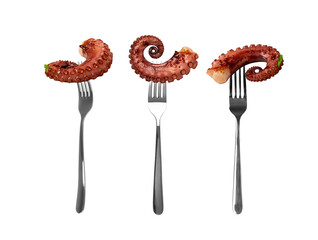 Grilled Octopus Tentacle on Forks Isolated, Delicious Barbecue Seafood on Fork