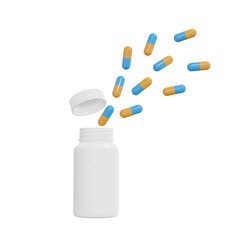 Medicine and health concept. White pills from plastic medicine bottle on blue background with copy space. 3d rendering.