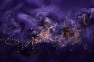 Lilac sparkling abstract background, luxury gold smoke, acrylic paint underwater explosion, cosmic swirling ink