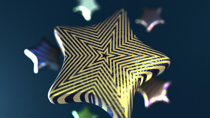 3D hyper-realistic rendering of star-shaped object with ever expanding yellow star pattern on dark blue background