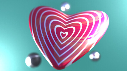 3D hyper-realistic rendering of hart-shaped object with ever-expanding vibrant pink heart pattern on turquoise background