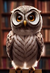 Stunning photorealistic illustration of beautiful Owl in the library. Ai generated illustration, is not based on any real image, person or character