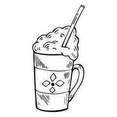 A mug with a hot drink. Hand-drawn vector contour illustration of a mug with a Christmas print.