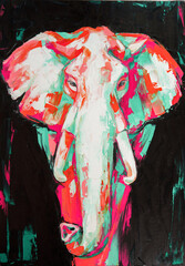 Oil elephant portrait painting in multicolored tones. Conceptual abstract painting of a elephant on the black background on canvas. 