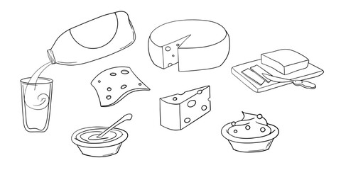 Monochrome image, set of icons, Dairy products, cheese, cottage cheese and cream, vector cartoon