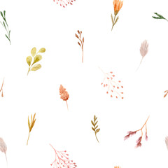 Seamless pattern of watercolor dried flowers, isolated on white background. Hand drawn painted flower illustration. Autumn design fashion fabric, textile, cover, wrapping paper product, blog, cloth