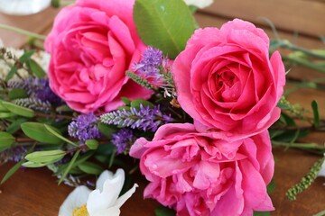 A bunch of flowers from garden at home.Beautiful Pink English fragrance rose in the English cottage garden in spring and summer