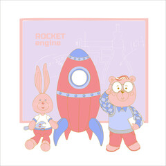 Vector illustration in cartoon style. Funny animals bear and bunny are developing a scientific discovery. Cute characters for children's textiles, home decor, printing design, packaging paper.