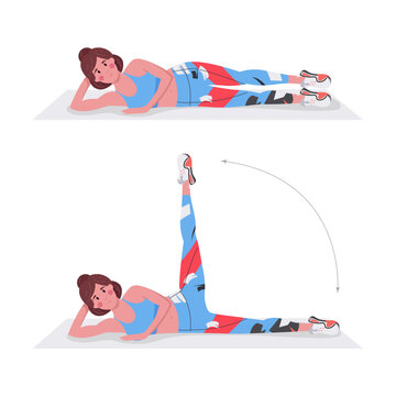 Side Leg Raises, young female athlete doing fitness exercise, fitness at home.