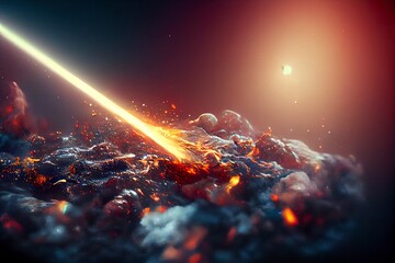 Fired Asteroid In Collision With Planet - 3d Rendering. sci fi outer space background.	