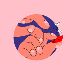 Giant hands holding tiny laptop. Communication, mailing, chatting, social media addiction concept. Hand drawn trendy Vector illustration. Cartoon style. Banner, website design template