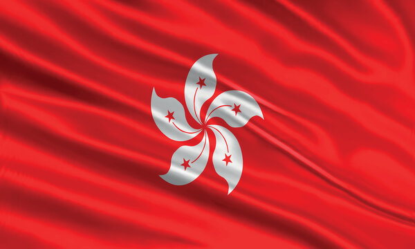 Hong Kong flag design. Waving Hong Kong flag made of satin or silk fabric. Vector Illustration.