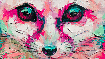 Oil fox portrait painting in multicolored tones. Conceptual abstract painting of a fennec muzzle....