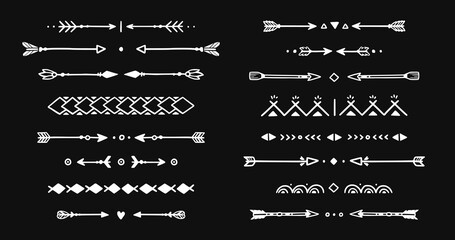Mexican arrow hand drawn chalkboard element set. African, aztec rustic ethnic arrow, ornament divider. Tribal boho decor design. Vector illustration.