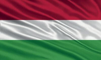 Hungary flag design. Waving Hungarian flag made of satin or silk fabric. Vector Illustration.