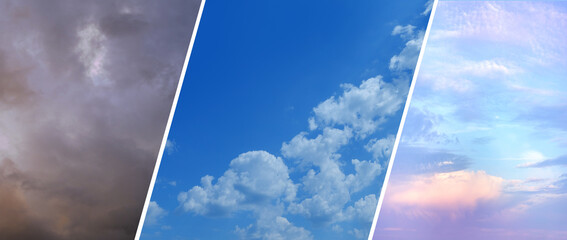 blurred blue sky with clouds, dramatic stormy sky with dark clouds, lightning flashes over the...