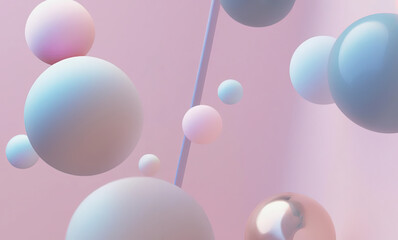 illustration of suspended pastel balls, 3d render of glossy spheres, bright pastel colored background image, digital art