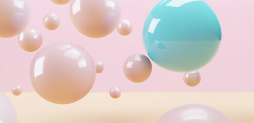 illustration of suspended pastel balls, 3d render of glossy spheres, bright pastel colored background image, digital art
