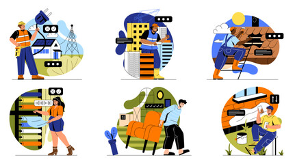 House renovation. Construction of building, painting house facade, selection of wallpaper and furniture, repair of roof and connection to electricity. Cartoon flat vector collection isolated on white