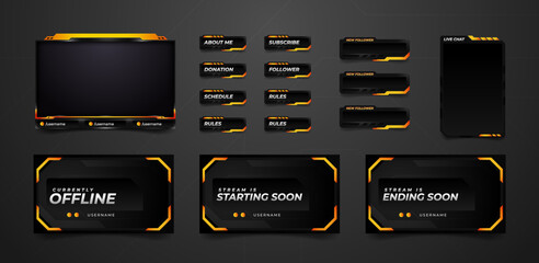 Twitch stream overlay package including facecam  offline Starting soon Ending soon screen & twitch panels, alert chat screen © Imran Art