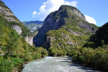 High mountains covered with green vegetation. Flowing mountain river on a sunny day.