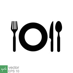 Plate, fork, knife, and spoon icon. Simple flat style. Meal, eat, lunch, dinner, dish, food, tableware, utensil  concept design. Vector illustration isolated on white background. EPS 10.