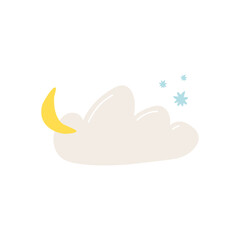 Cute childish cloud with stars and half moon, cartoon flat vector illustration isolated on white background. Nursery room decoration. Concepts of sleep and dreams.