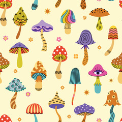 Groovy mushroom retro seamless pattern - 539757533