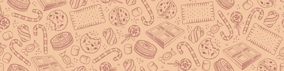 Seamless pattern with sweet hand drawn elements. Pastry and bakery background. Vector illustration.