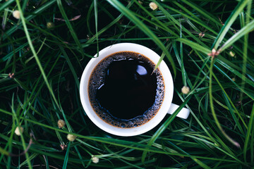 Dark espresso coffee on the green grass, give a relaxing feeling - 539758556