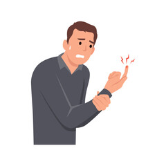 Young man Sore finger or pain. The boy is sick, Sick person and feeling bad. Flat vector illustration isolated on white background