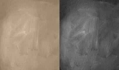 Set of Rough Painted Textured Surfaces. Light Dusty Brown and Black Conrete Backgrouds. Close up. Wall with Visible Irregular Brush Marks. Painted Paper Sheets.