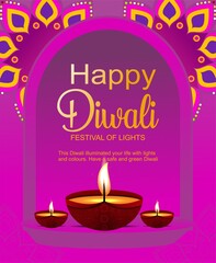 Happy Diwali, Deepavali or Dipavali poster banner . Dewali the festival of lights india with gold diya with mandala colorful patterned on purple color Background illustration 