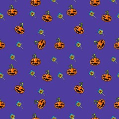 seamless pattern with monsters pumpkin Halloween candy background wallpaper illustration 