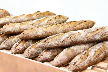 Fresh bread baguette in bakery