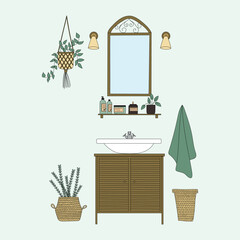 Bathroom interior design. Modern sink table, mirror and bath towels flat vector illustration. Empty bath room. 