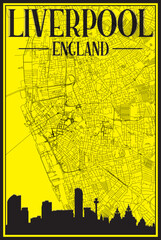 Yellow vintage hand-drawn printout streets network map of the downtown LIVERPOOL, ENGLAND with brown 3D city skyline and lettering