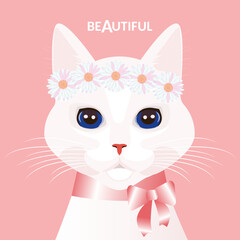 Vector white cat with a bow. Beautiful kitty. For print and web.