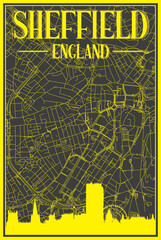 Black and yellow vintage hand-drawn printout streets network map of the downtown SHEFFIELD, ENGLAND with brown 3D city skyline and lettering