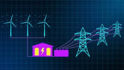 Basic diagram of a wind turbines energy green renewable energy concept. Converting wind power into electricity. Hi-tech style HUD Motion graphics computer illustration.