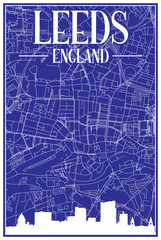 Blue vintage hand-drawn printout streets network map of the downtown LEEDS, ENGLAND with brown 3D city skyline and lettering