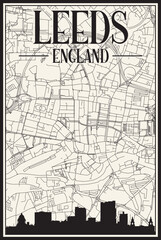 Obraz premium White vintage hand-drawn printout streets network map of the downtown LEEDS, ENGLAND with brown 3D city skyline and lettering