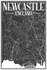 Black vintage hand-drawn printout streets network map of the downtown NEWCASTLE, ENGLAND with brown 3D city skyline and lettering