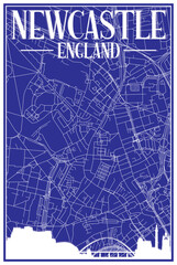 Obraz premium Blue vintage hand-drawn printout streets network map of the downtown NEWCASTLE, ENGLAND with brown 3D city skyline and lettering