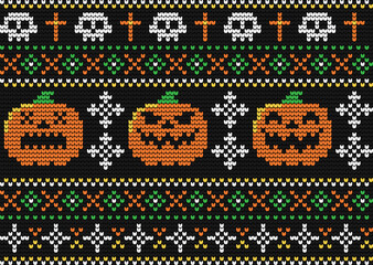 Halloween knitted seamless pattern with pumpkins and skulls. Vector background.