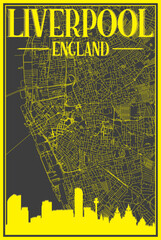 Black and yellow vintage hand-drawn printout streets network map of the downtown LIVERPOOL, ENGLAND with brown 3D city skyline and lettering