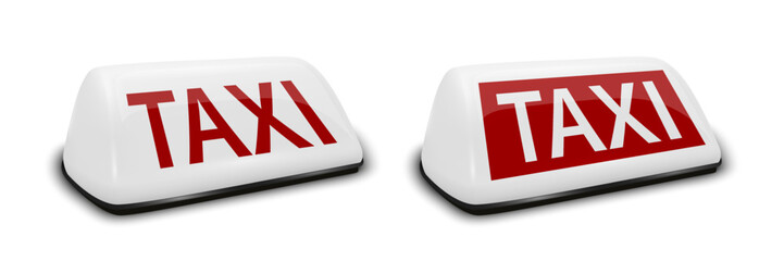 Vector 3d Realistic Taxi Car Roof Sign Icon Set Closeup Isolated. White and Red French Taxi Sign, Design Template for Taxi Service, Mockup. Half Turn, Front View