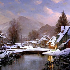 Winter Village scene beautiful oil painting 