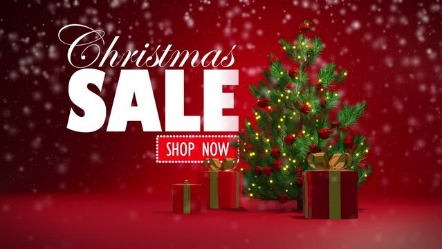merry christmas sale loop , 
red background with realistic gifts box christmas tree and snow, 3d render,
horizontal christmas  video header for website